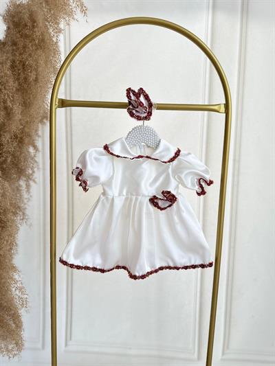 0-3 Ay Kırık Beyaz Bebe Yaka Saçak Süsleme Elbise