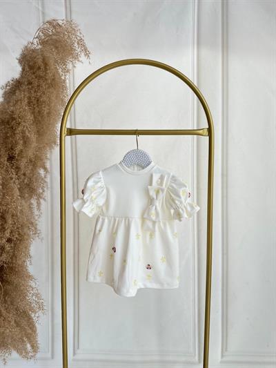 3-6 Ay Nakış Süslemeli Kırık Beyaz Penye Elbise