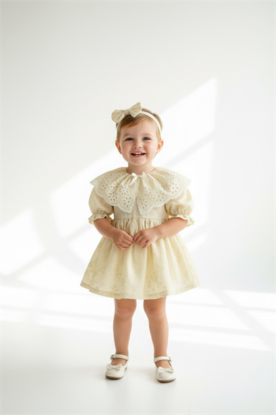 Bebek Krem Nakış İşlemeli Kumaş Fisto Yakalı Elbise Set