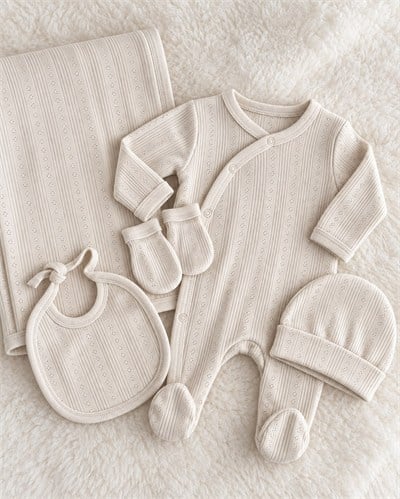 Ekru File Dokulu Delikli Desenli Unisex Bebek Hastane Çıkışı 5'li Set