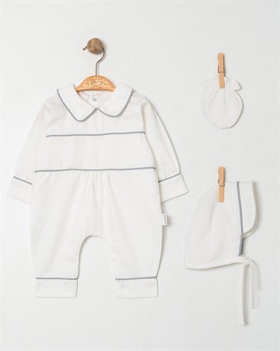Erkek Bebek Gri Biyeli Pamuk Saten Tulum Set
