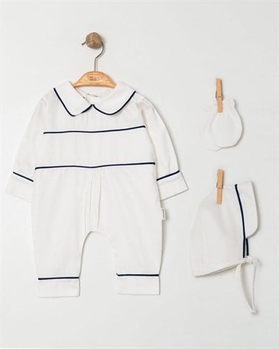 Erkek Bebek Lacivert Biyeli Pamuk Saten Tulum Set