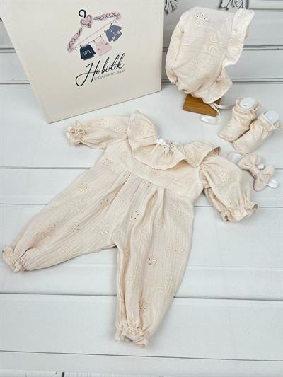 Fırfır Yaka Krem Fistolu Çift Kat Müslin Kumaş Tulum