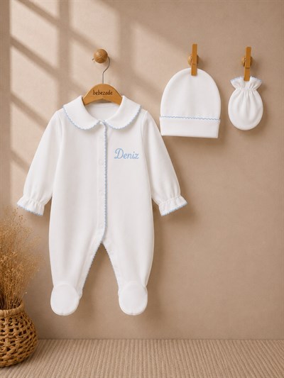 İsimli Kroşeta Oyalı Bebe Mavi Penye Yenidoğan 3'lü Hastane Çıkışı Seti – Tulum, Şapka & Eldiven (Unisex)
