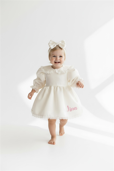 Kırık Beyaz Güpür Dantel İsim İşlemeli Saten Elbise Set