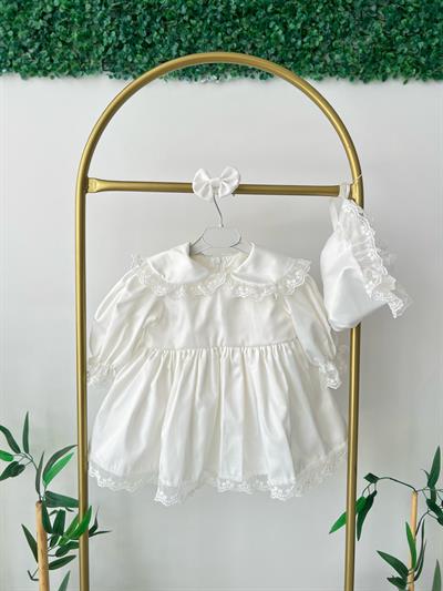 Kırık Beyaz Güpür Dantel İsim İşlemeli Saten Elbise Set