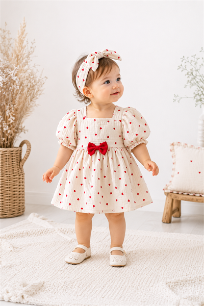 Kırmızı Kalpli Müslin Bebek Elbisesi – Kız Çocuk Yazlık Elbise