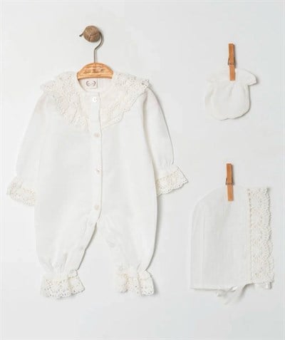 Kız Bebek Ekru  Müslin Dantelli Tulum Set