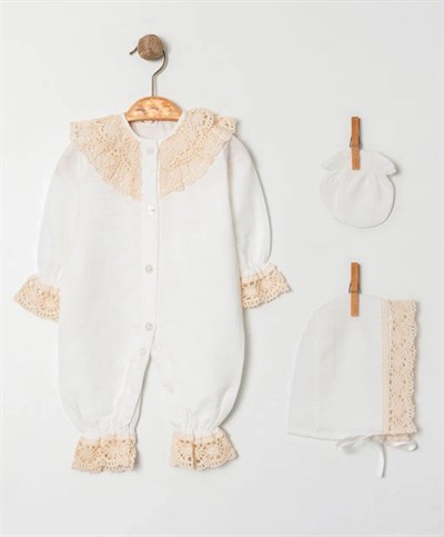 Kız Bebek Ekru Müslin Krem Dantelli Tulum Set