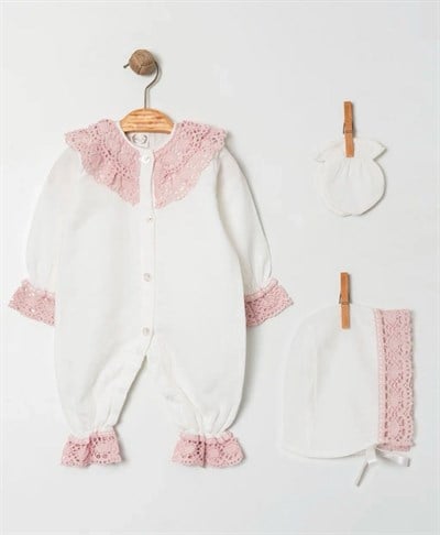 Kız Bebek Ekru Müslin Pembe Dantelli Tulum Set