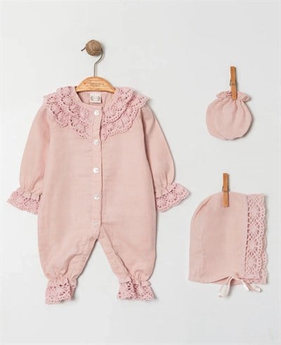 Kız Bebek Pembe Müslin Kopanaki Dantelli Tulum Set