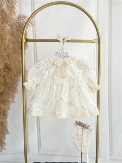 Krem İsim İşlemeli Vintage Elbise Set