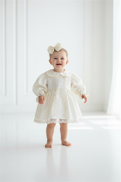 Krem Önden Güpür Dantel İsim İşlemeli Elbise