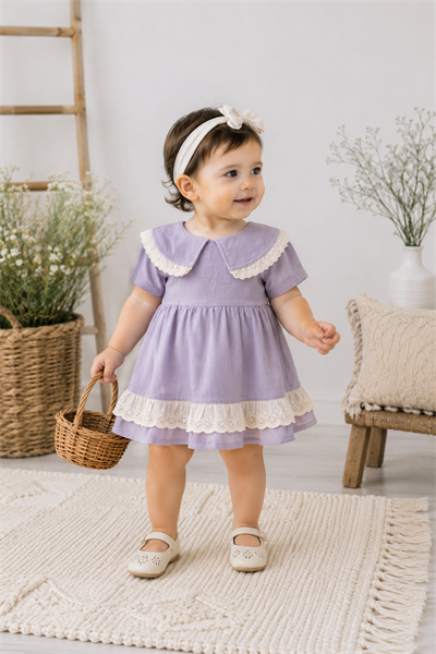 Lila Krem Dantelli  Müslin Bebek Elbisesi – Kız Çocuk Şık Yazlık Elbise