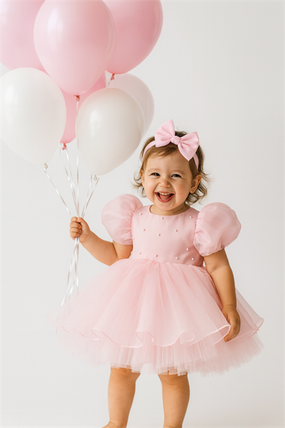 Pembe İncili Balon Kol Organze Kız Çocuk Doğum Günü Elbise