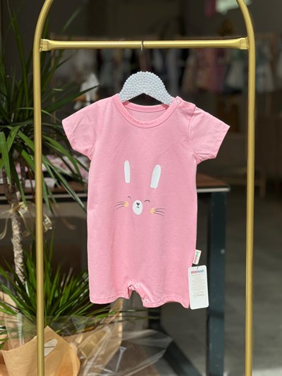 Pembe Kız Bebek Tulum Kısa Kollu Pamuklu Tavşan Baskılı Çıtçıtlı Yazlık Bebek Zıbın