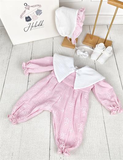 Pembe Müslin Fistolu Kumaş Yakalı Bebek Tulum Set