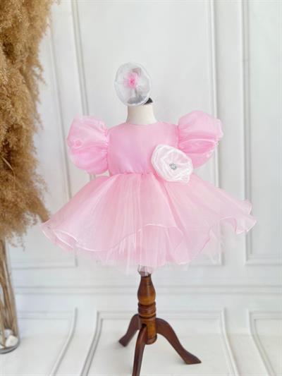 Pembe Organze Çiçek Detay Kabarık Elbise