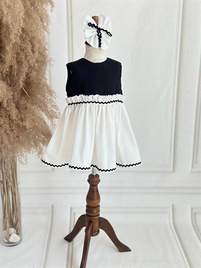 Siyah Beyaz Keten Su Taşlı Elbise