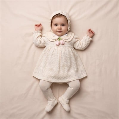 Somon Pudra Lale Detaylı Dokulu Kız Bebek Elbise Seti – Şapka, Külotlu Çorap ve Ayakkabılı 4 Parça Kutulu Bebek Takımı