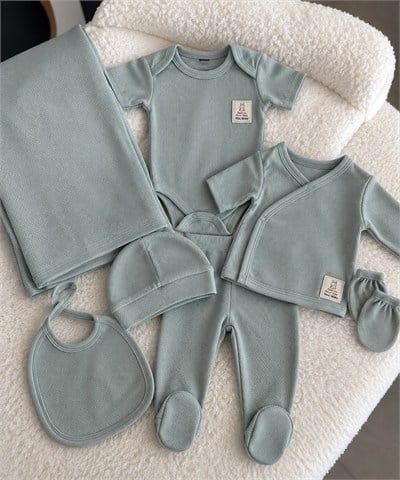 Su Yeşili Dokulu %100 Pamuk Unisex Bebek Hastane Çıkışı 7'li Set – Battaniyeli 