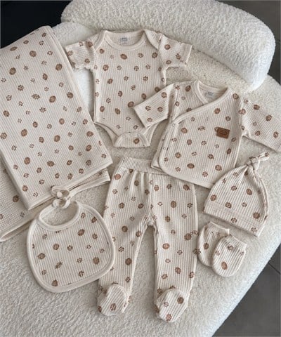 Waffle Dokulu Desenli %100 Pamuk Unisex Bebek Hastane Çıkışı 7'li Set – Battaniyeli