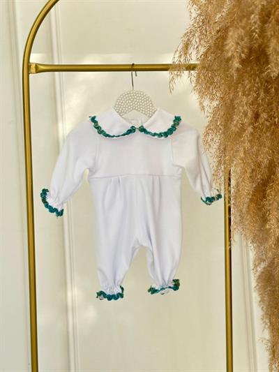 Yeşil Dantelli Beyaz Bebe Yaka Penye Tulum