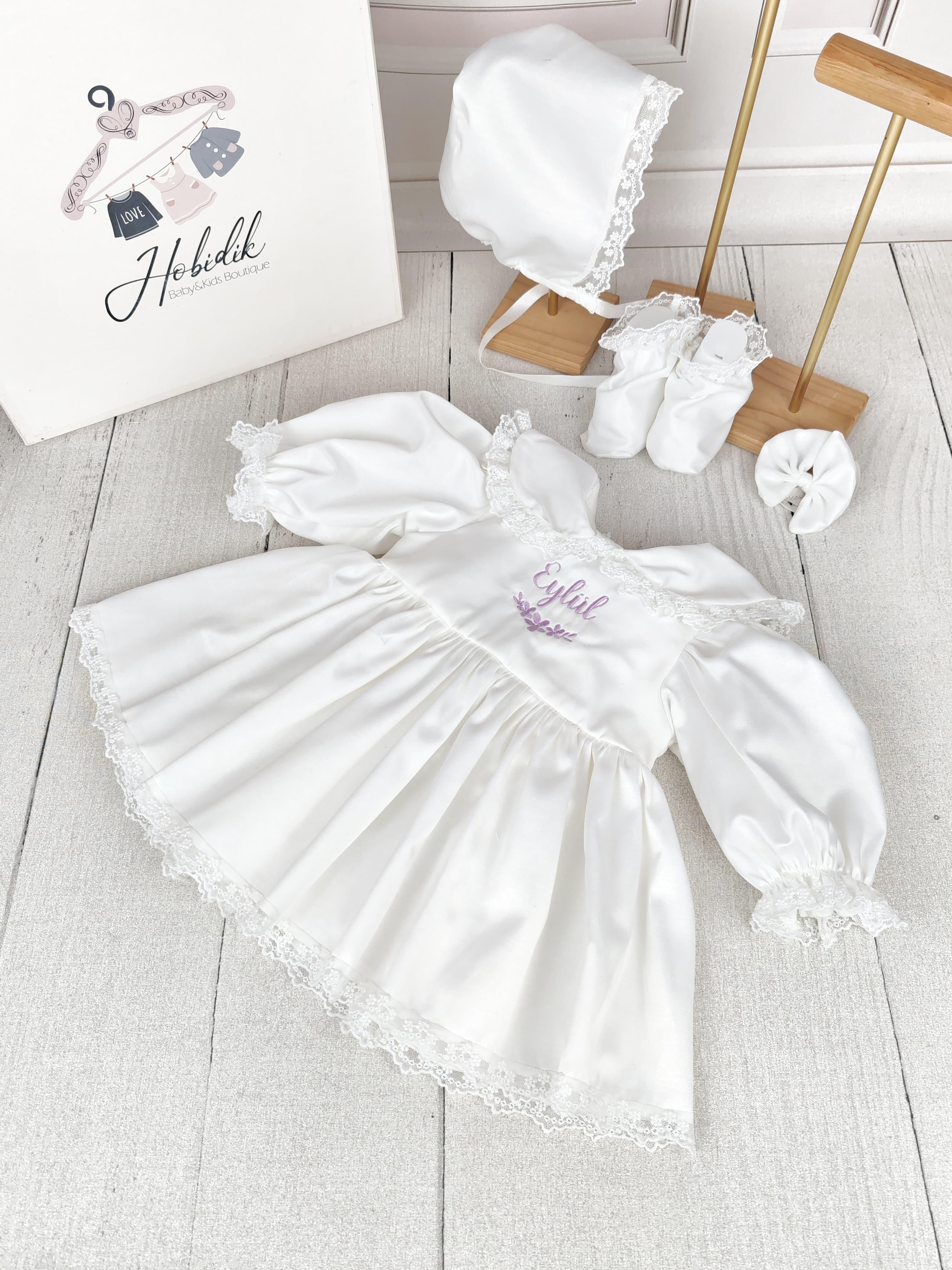 Kırık Beyaz Güpür Dantel İsim Ve Nakış İşlemeli Elbise Set - Hobidik  Baby&Kids
