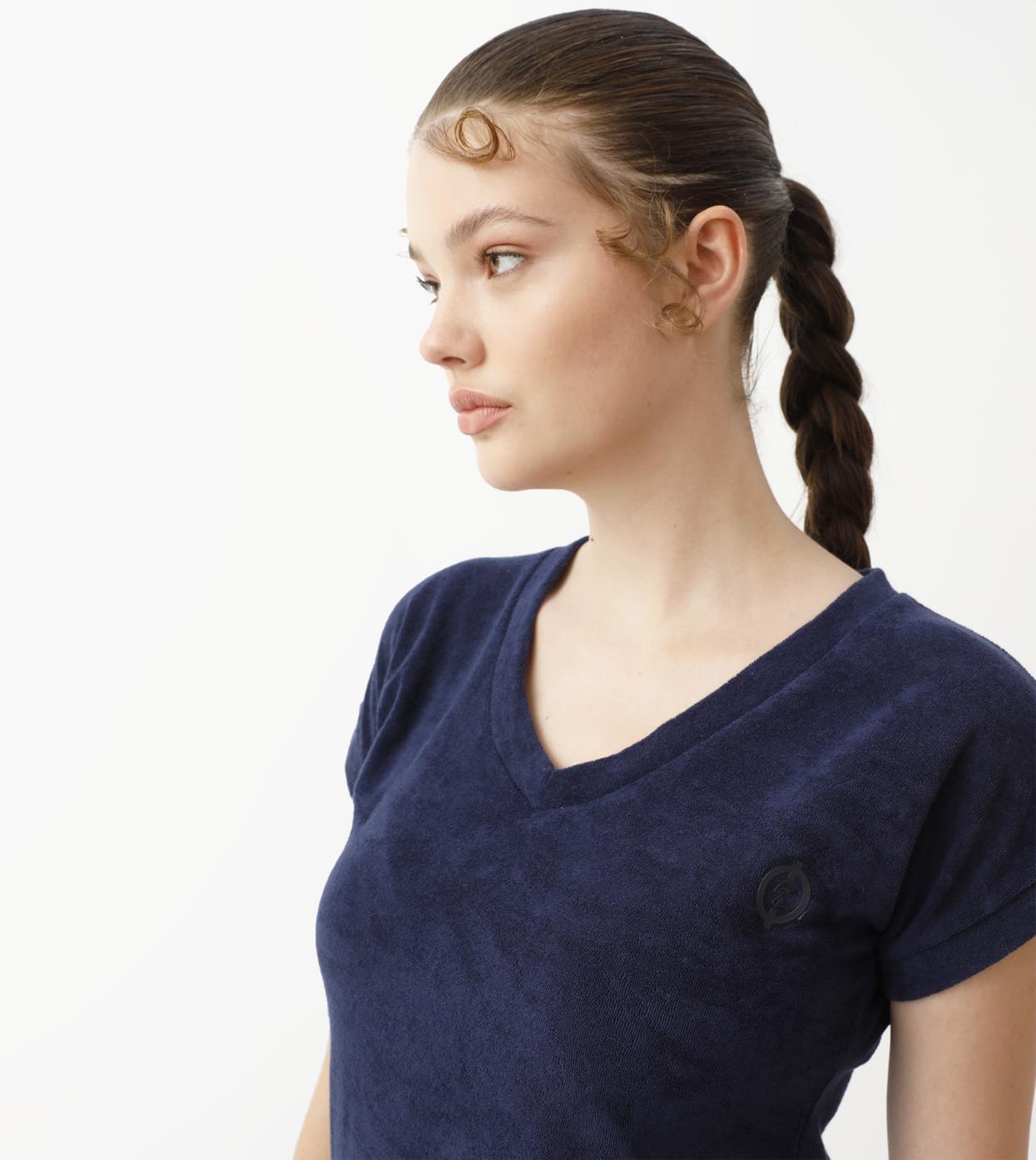 V Yaka Kadın Havlu Tshirt - Lacivert