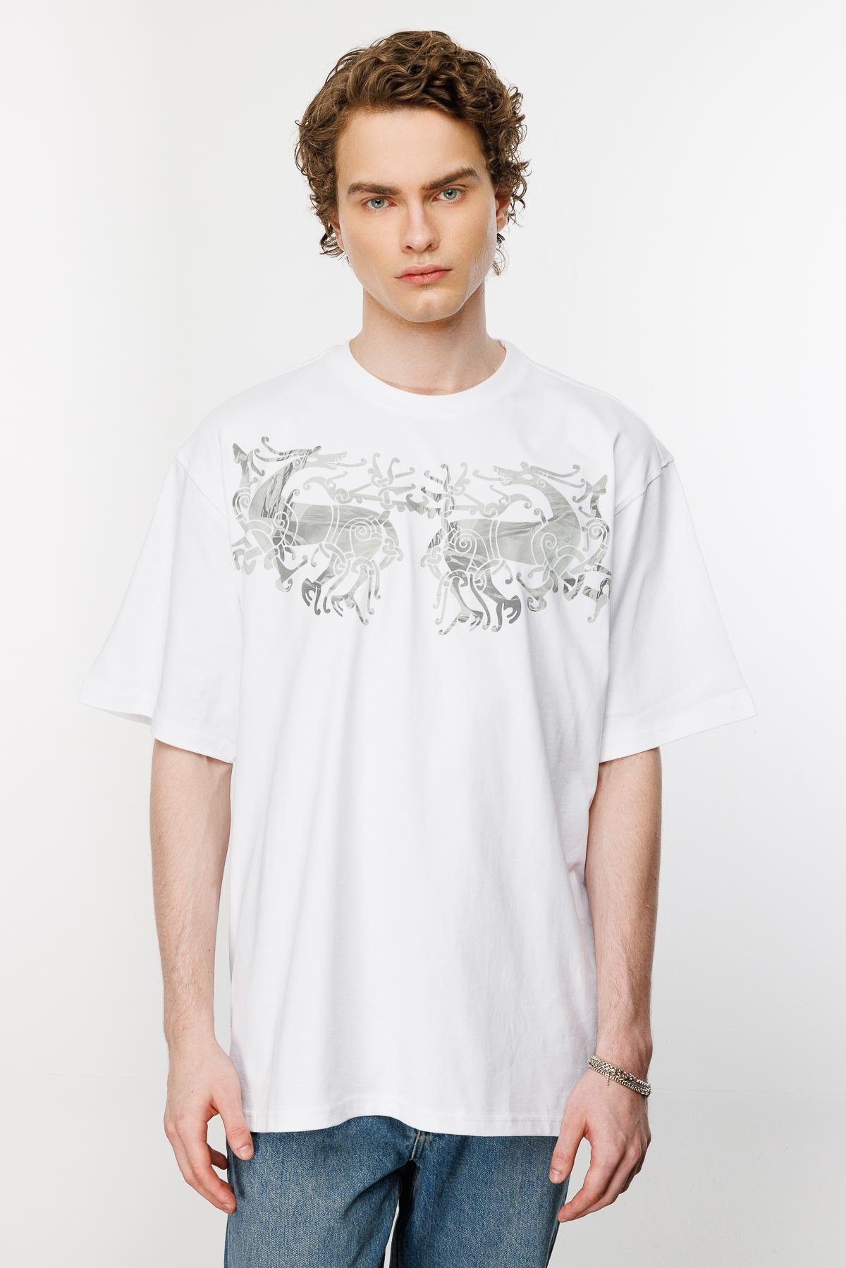 Warrior Horses Oversize Tshirt - Beyaz