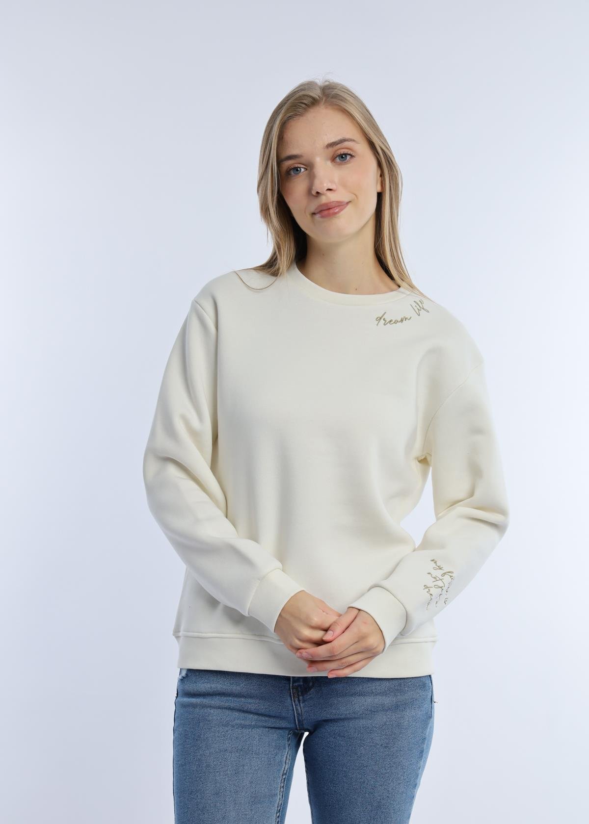 Kadın 3 İplik Şardonlu Bisiklet Yaka Sweatshirt Ekru