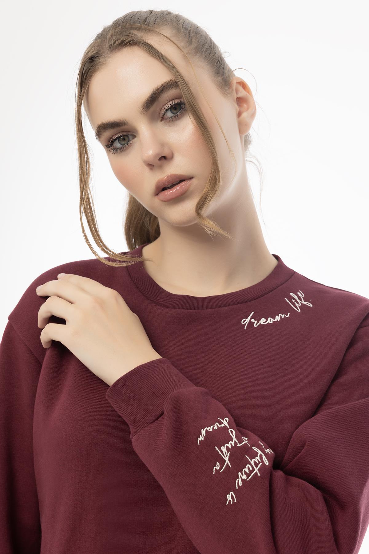 Kadın 3 İplik Şardonlu Bisiklet Yaka Sweatshirt Bordo