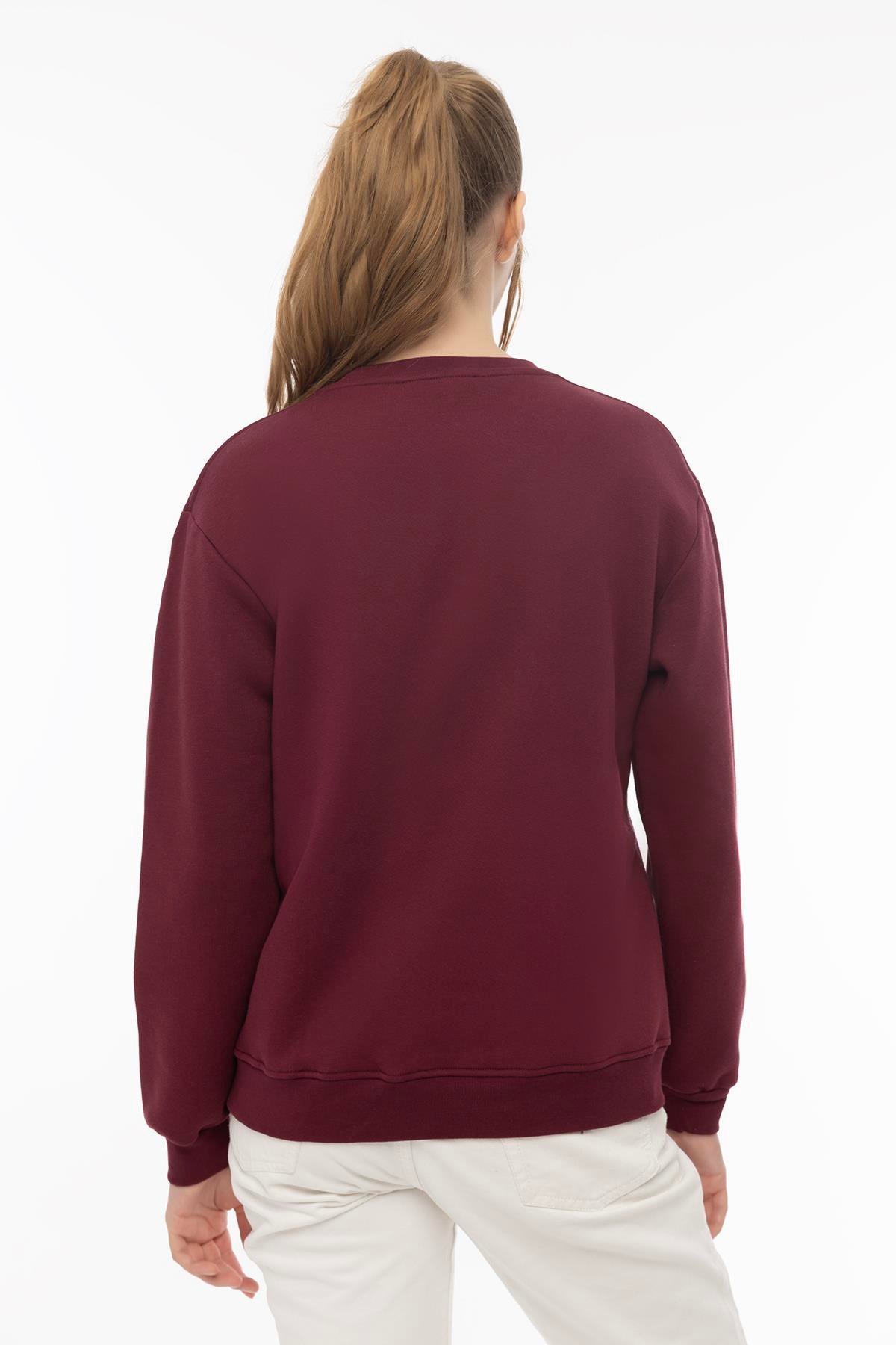 Kadın Bisiklet Yaka 3 İplik Şardonlu Sweatshirt Bordo