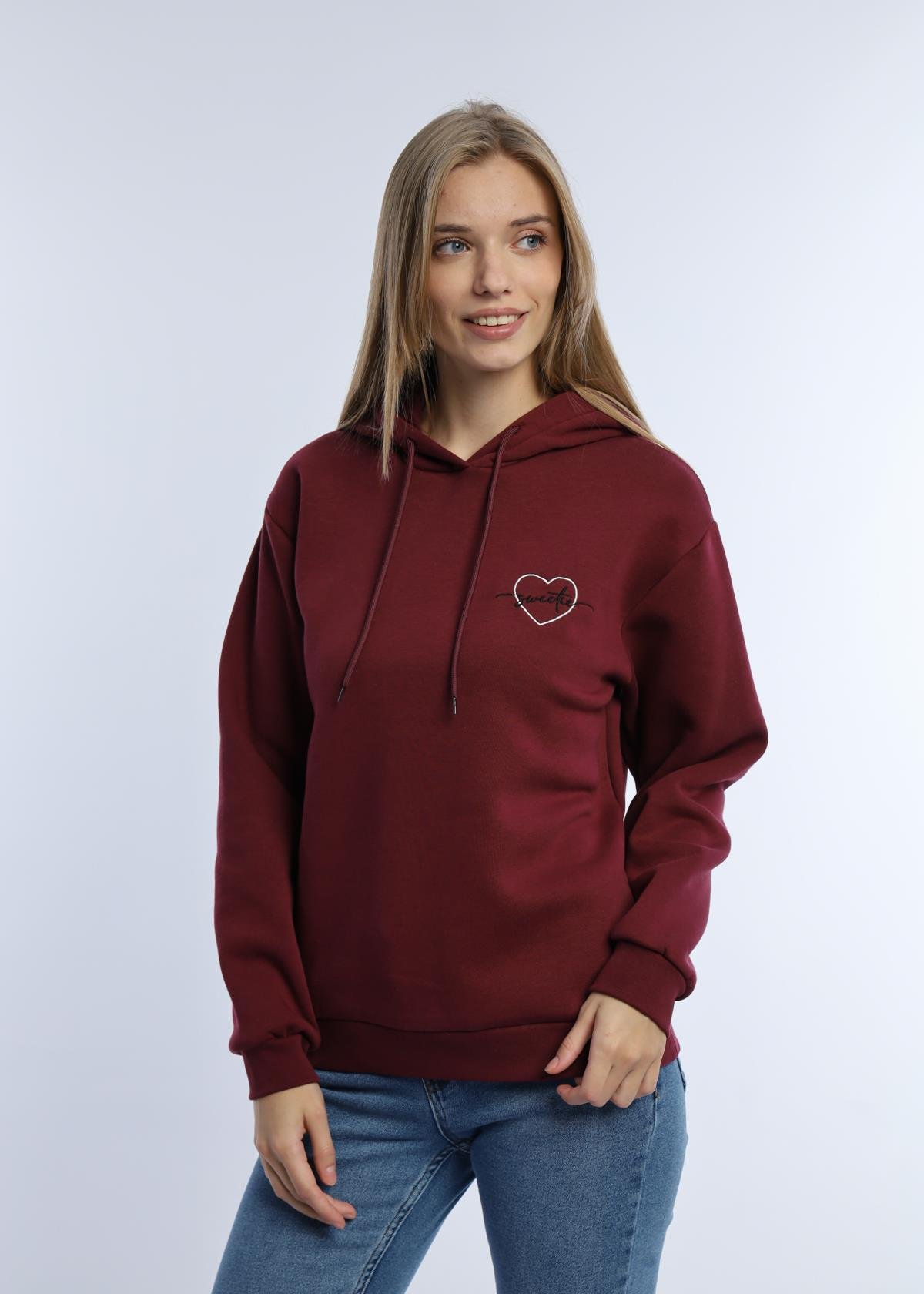 Kadin Kalp Nakışlı 3 İplik Sweatshirt Bordo