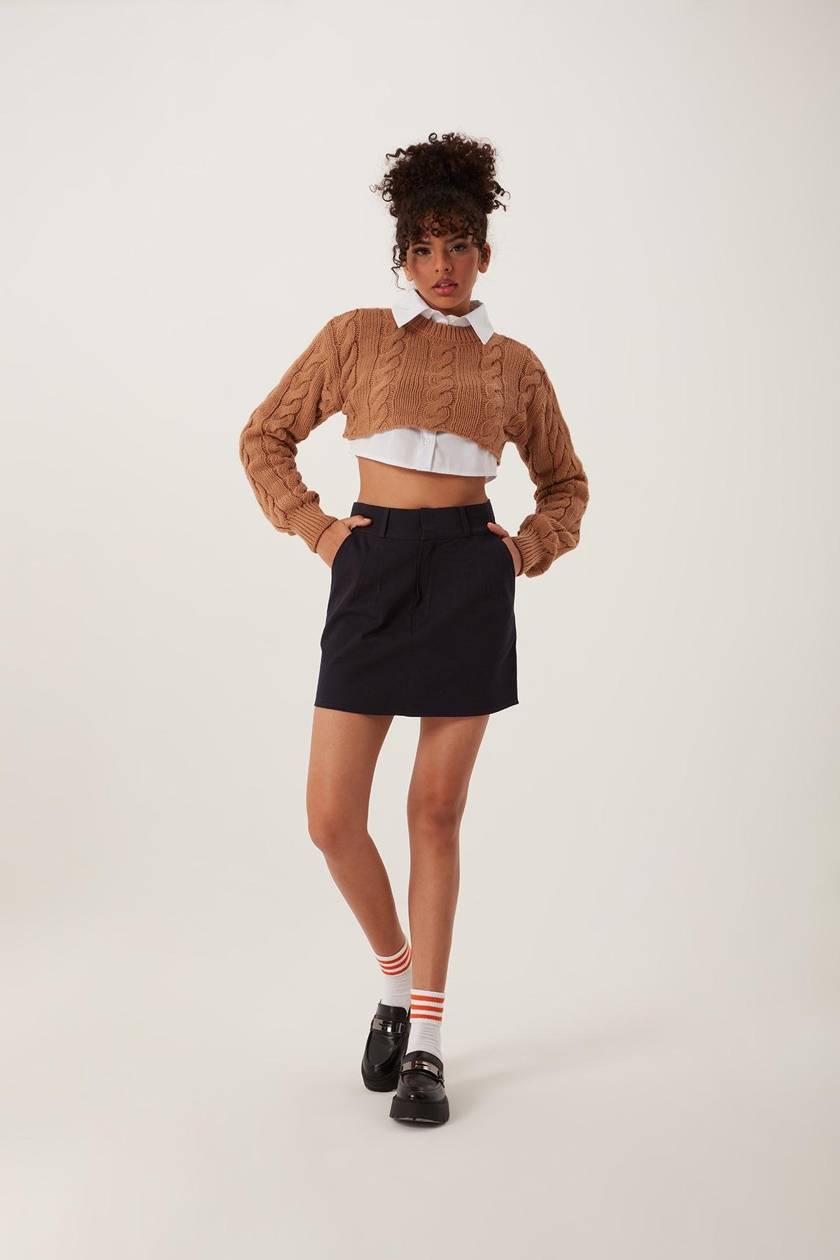 Kadın Triko Crop Sweatshirt Taba