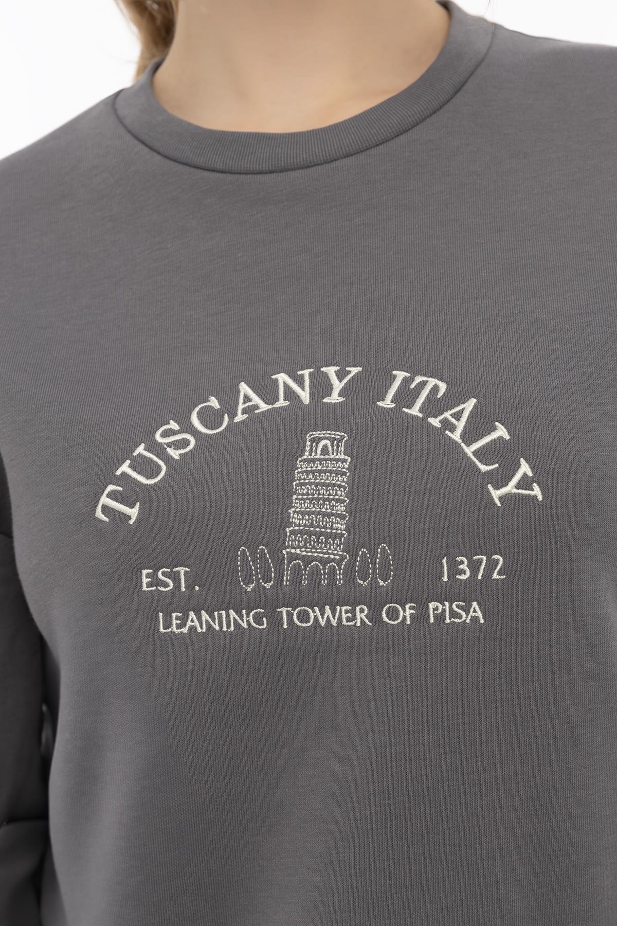 Kadın Tuscany İtaly Nakışlı Sweatshirt Füme