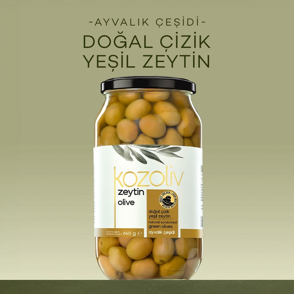 Doğal Ayvalık Çeşidi Çizik Yeşil Zeytin 640 gr Cam Kavanoz Yeşil Zeytin