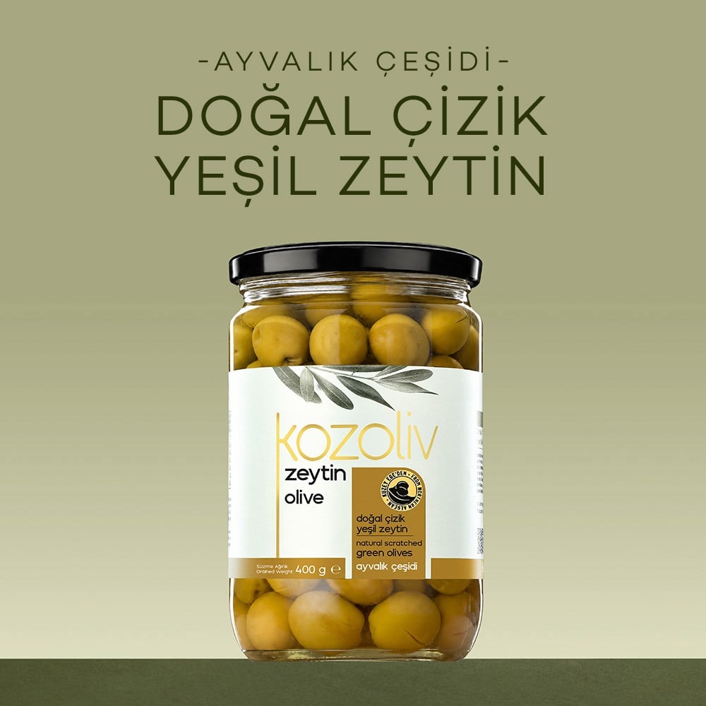 Doğal Ayvalık Çeşidi Çizik Yeşil Zeytin 400 gr Cam Kavanoz Yeşil Zeytin