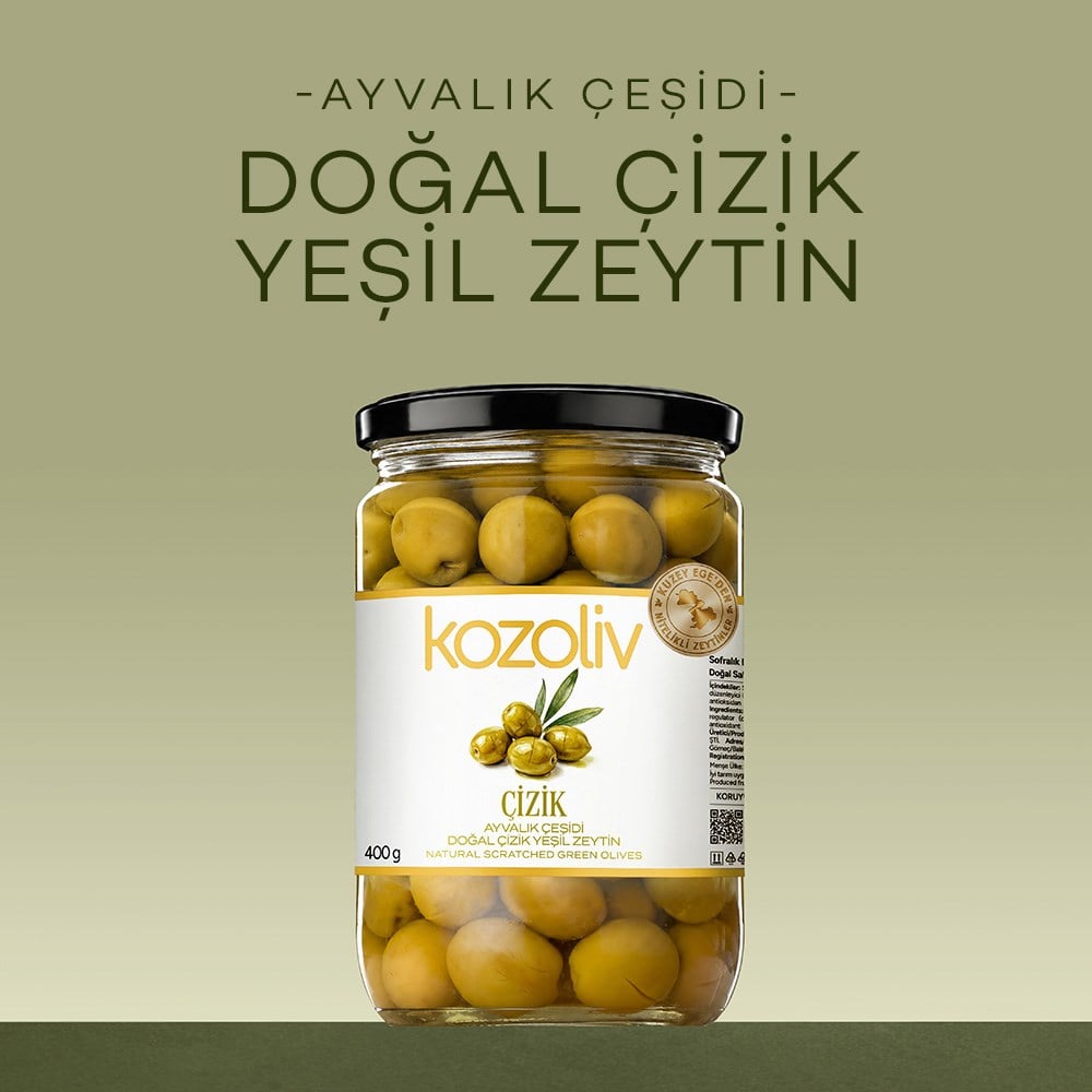 Doğal Ayvalık Çeşidi Çizik Yeşil Zeytin 400 gr Cam Kavanoz Yeşil Zeytin