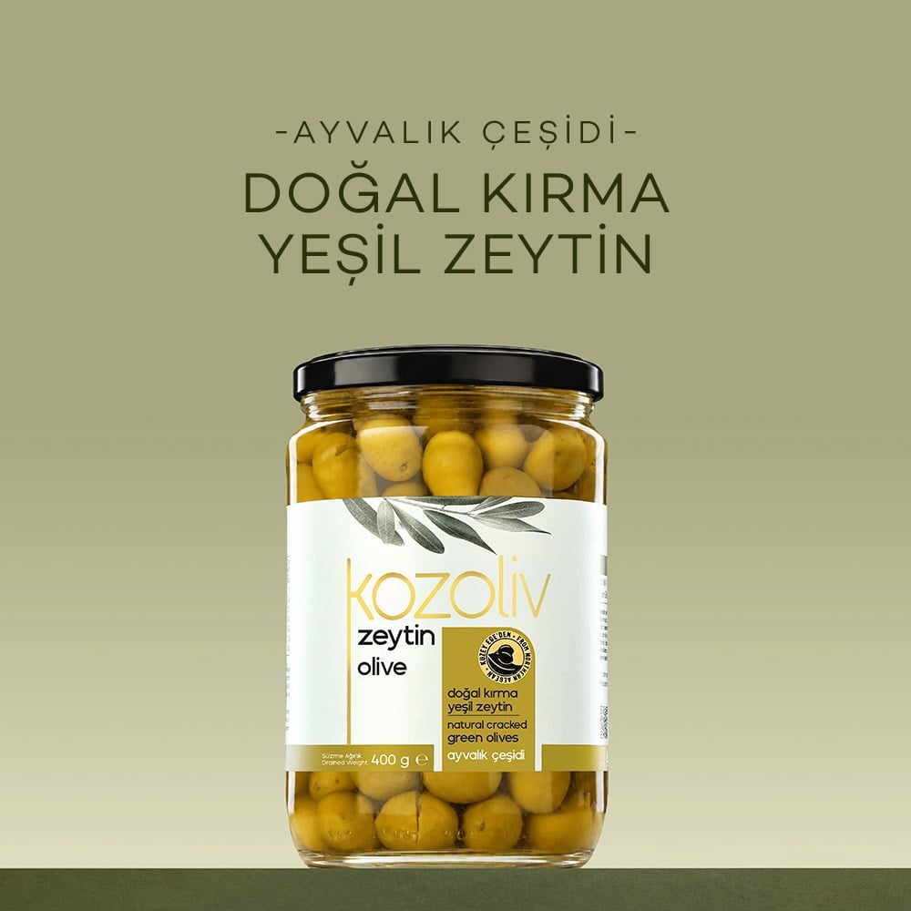 Doğal Ayvalık Çeşidi Kırma Yeşil Zeytin 400 gr Cam Kavanoz Yeşil Zeytin