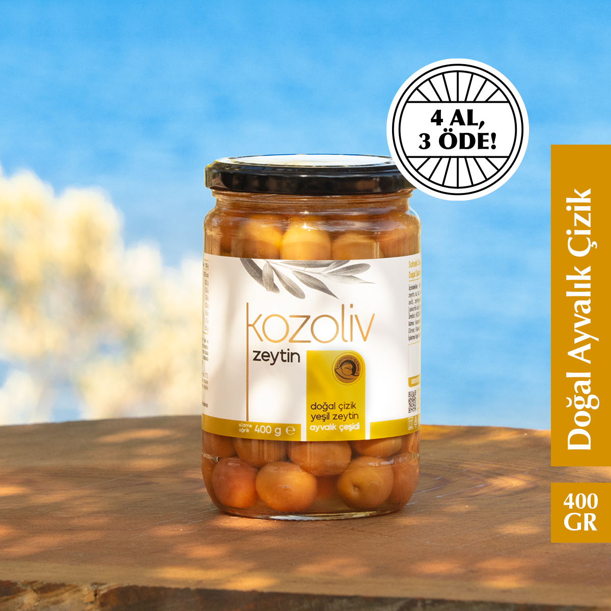 Doğal Ayvalık Çeşidi Çizik Yeşil Zeytin 400 gr Cam Kavanoz Yeşil Zeytin