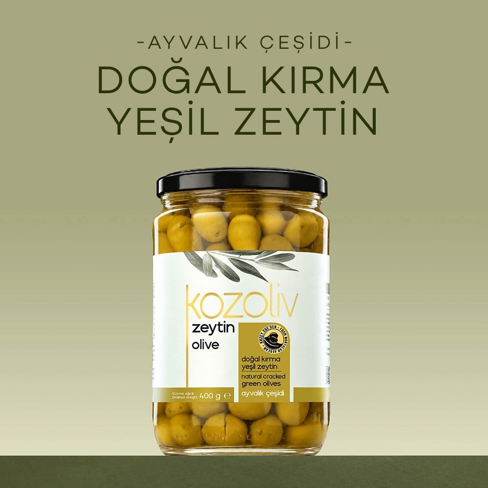 Doğal Ayvalık Çeşidi Kırma Yeşil Zeytin 400 gr Cam Kavanoz Yeşil Zeytin