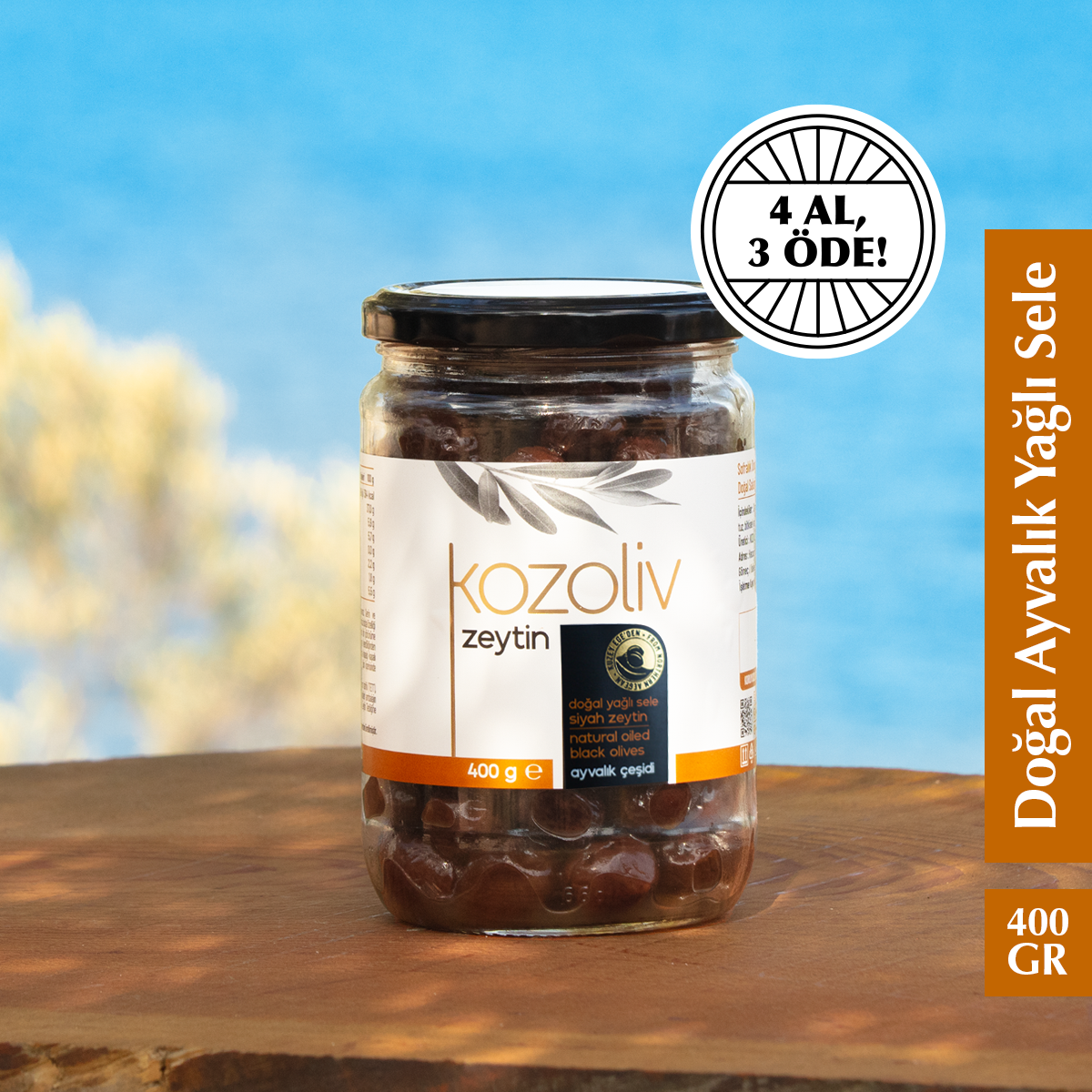 Doğal Ayvalık Çeşidi Yağlı Sele Siyah Zeytin 400 gr Cam Kavanoz Siyah Zeytin