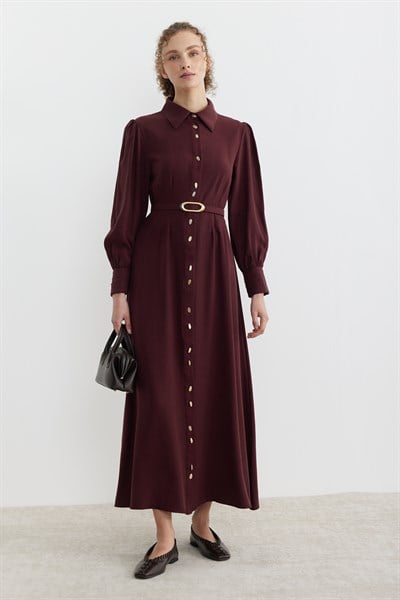 Belden Pensli Düğmeli Kemerli Elbise Bordo