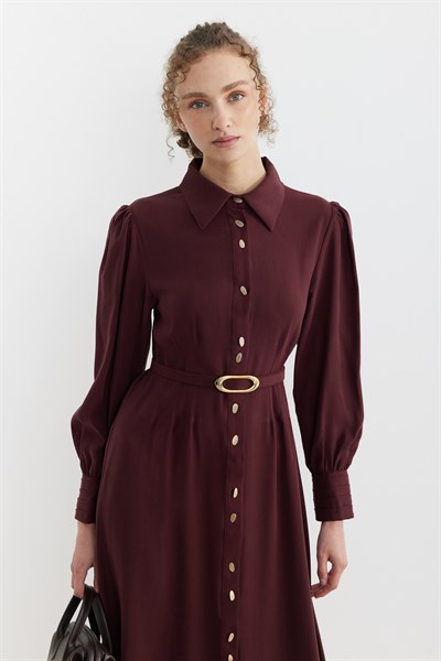 Belden Pensli Düğmeli Kemerli Elbise Bordo