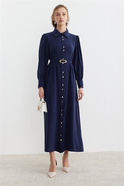 Belden Pensli Düğmeli Kemerli Elbise Lacivert