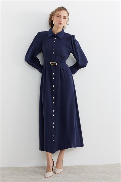 Belden Pensli Düğmeli Kemerli Elbise Lacivert