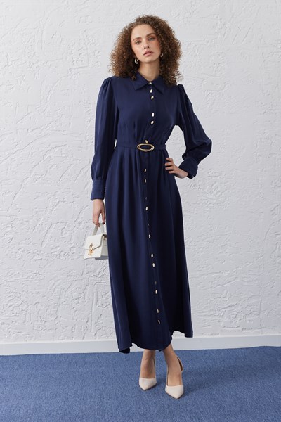 Belden Pensli Düğmeli Kemerli Elbise Lacivert