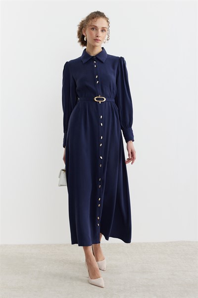 Belden Pensli Düğmeli Kemerli Elbise Lacivert
