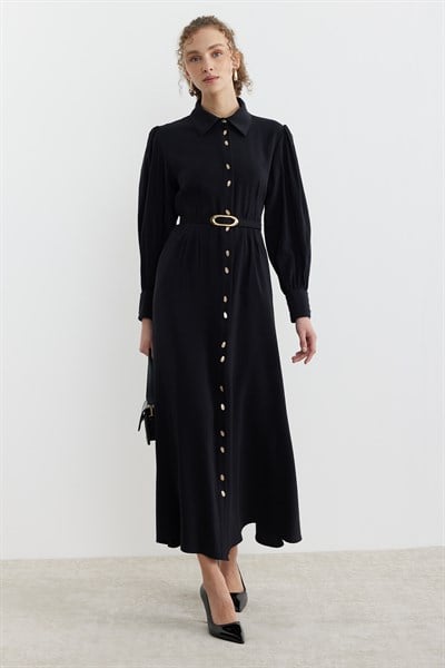 Belden Pensli Düğmeli Kemerli Elbise Siyah